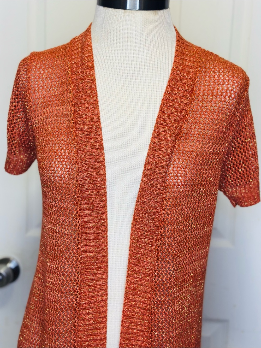 August Silk Orange Metallic Open Knit Short Sleeve Cardigan Size Petite small - Picture 2 of 5